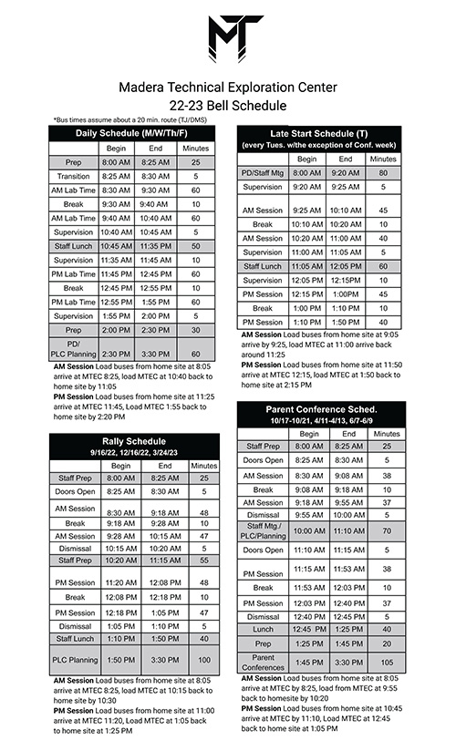 MTEC Bell schedule 2022-2023 with bus times